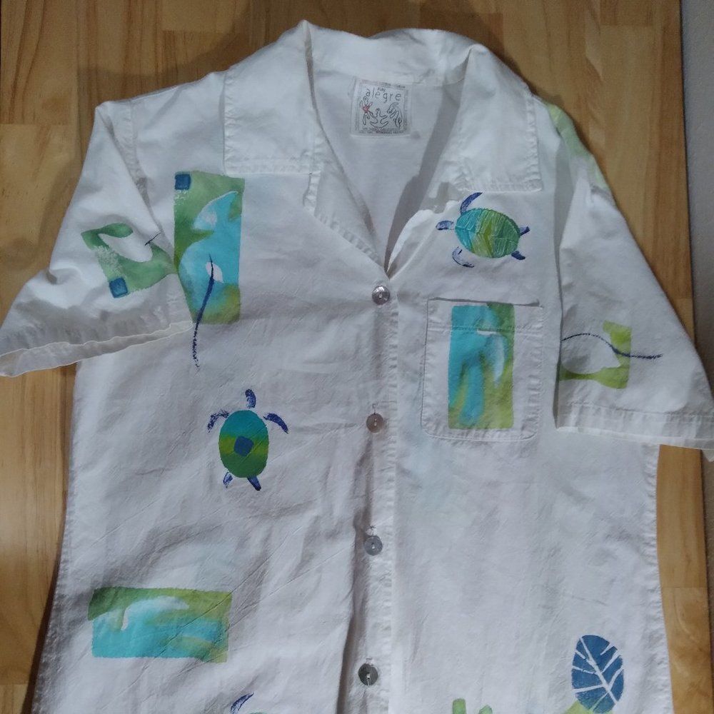 Vintage Play Alegre Hand Painted Turtles Short Sleeve Button Down Shirt